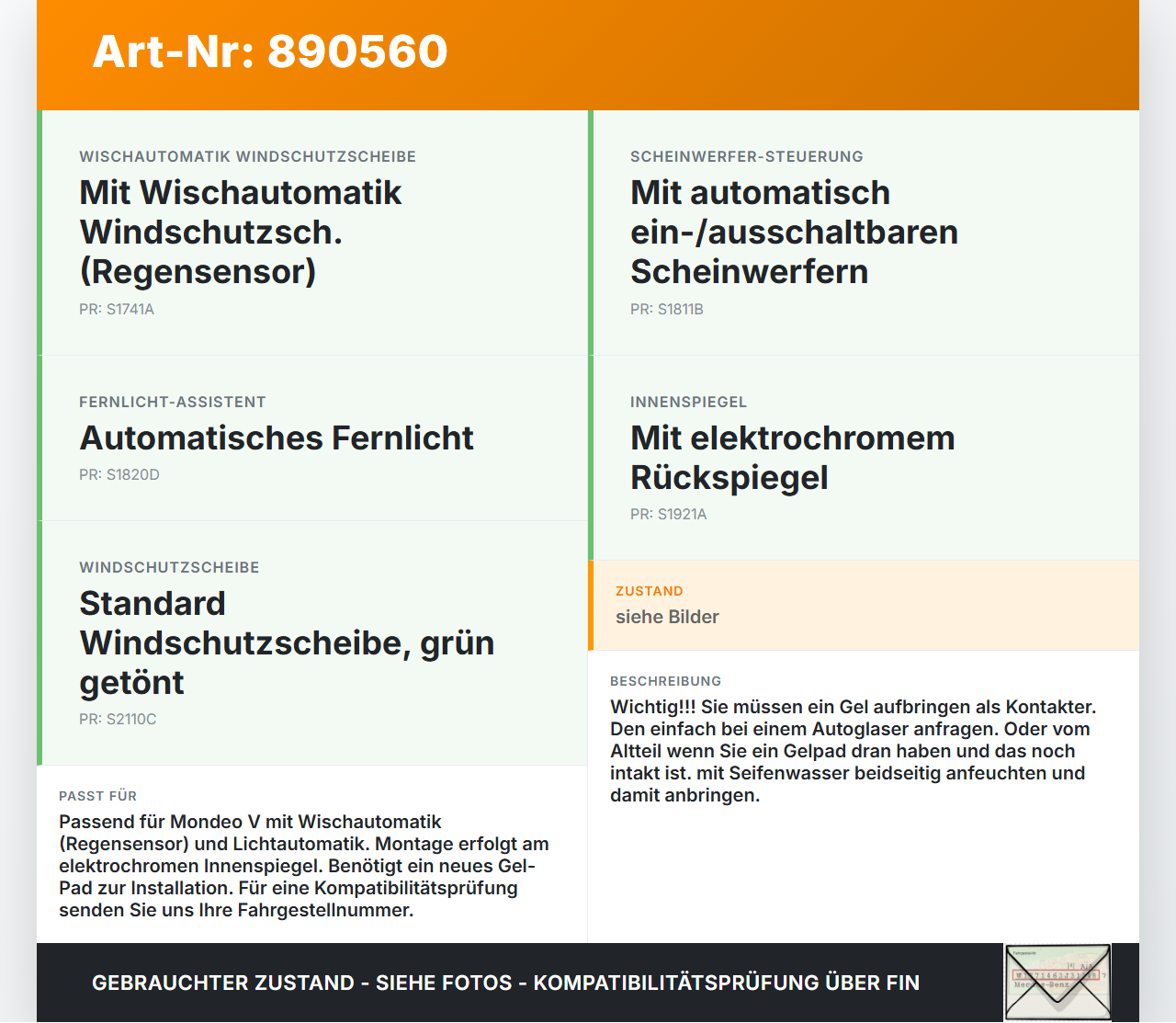 Ford Mondeo V BA7 CF 14-19 Regensensor Ford Mondeo V BA7 CF 14-19 16.12.2016 LU5T-17D547-AA JU5T-17D547 gebraucht Vorschau 3