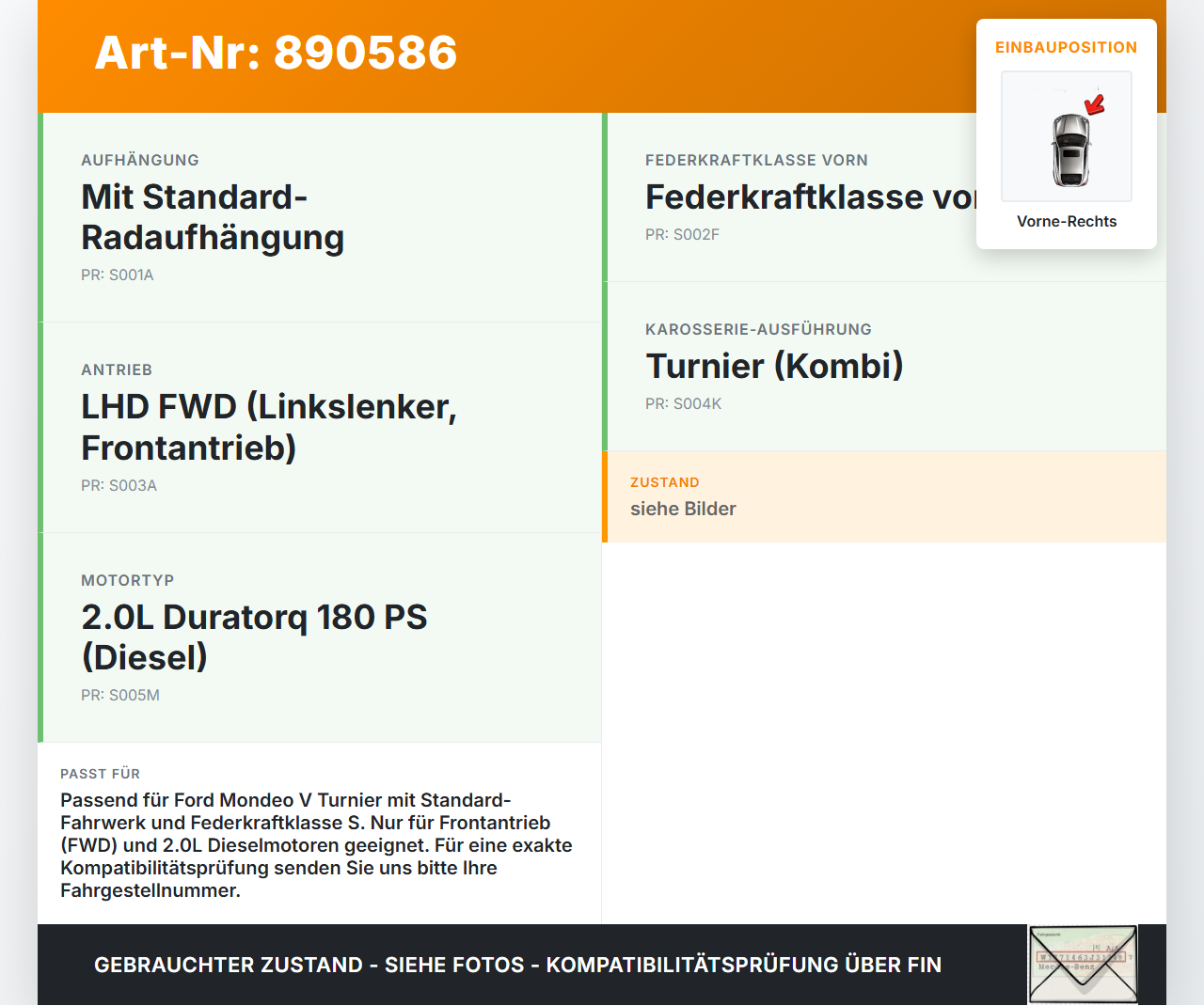 Ford Mondeo V BA7 CF 14-19 Kombi Federbein Stossdämpfer Vorne Rechts Ford Mondeo V BA7 CF 14-19 16.12.2016... Vorschau 3
