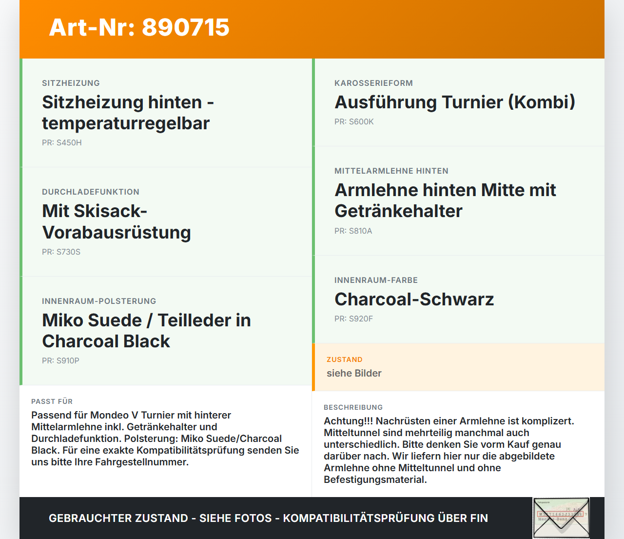 Ford Mondeo V BA7 CF 14-19 Armlehne Mittelarmlehne Auflage mit Becherhalter für Rücksitzbank Ford Mondeo V BA7 CF... Vorschau 3