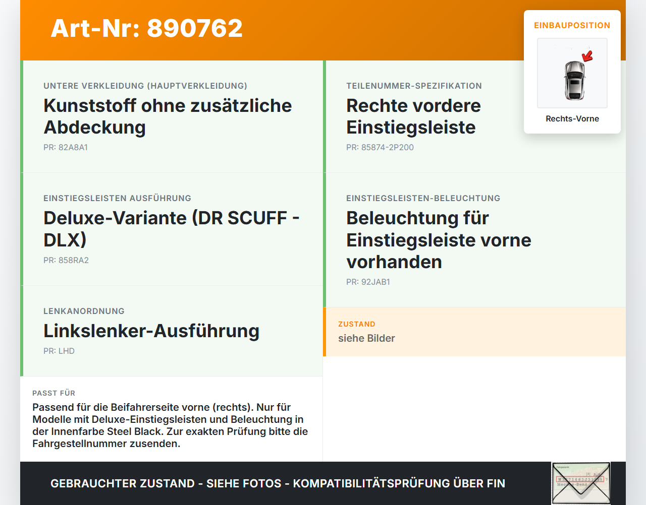 Kia Sorento XM 09-12 Einstiegsleiste Rechts Vorne Kia Sorento XM 09-12 20.04.2011 85874-2P200 gebraucht Vorschau 3