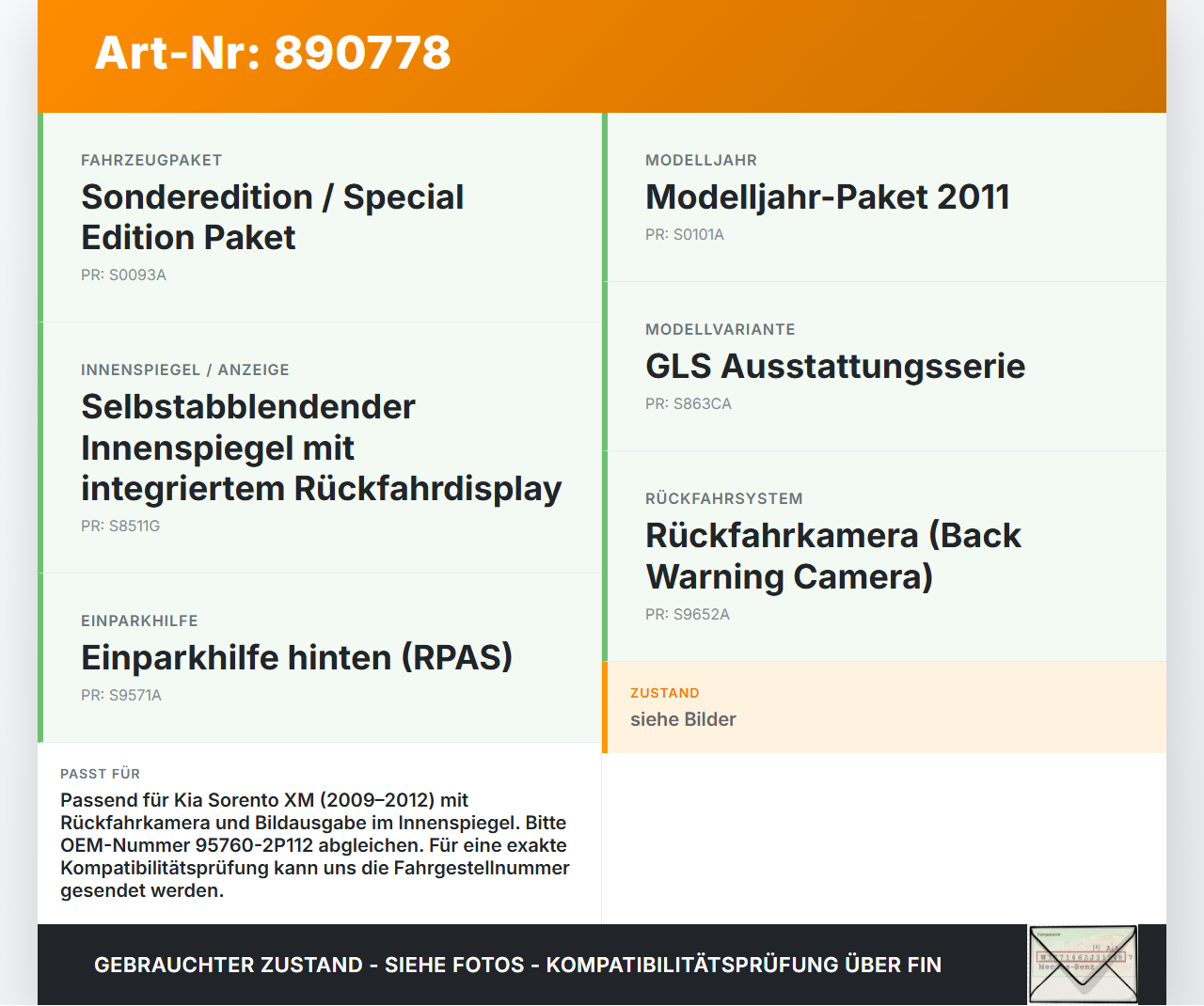 Kia Sorento XM 09-12 2,2 145KW Kamera Rückfahrkamera Sensor Kia Sorento XM 09-12 20.04.2011 28990-2F060 95760-2P112... Vorschau 3