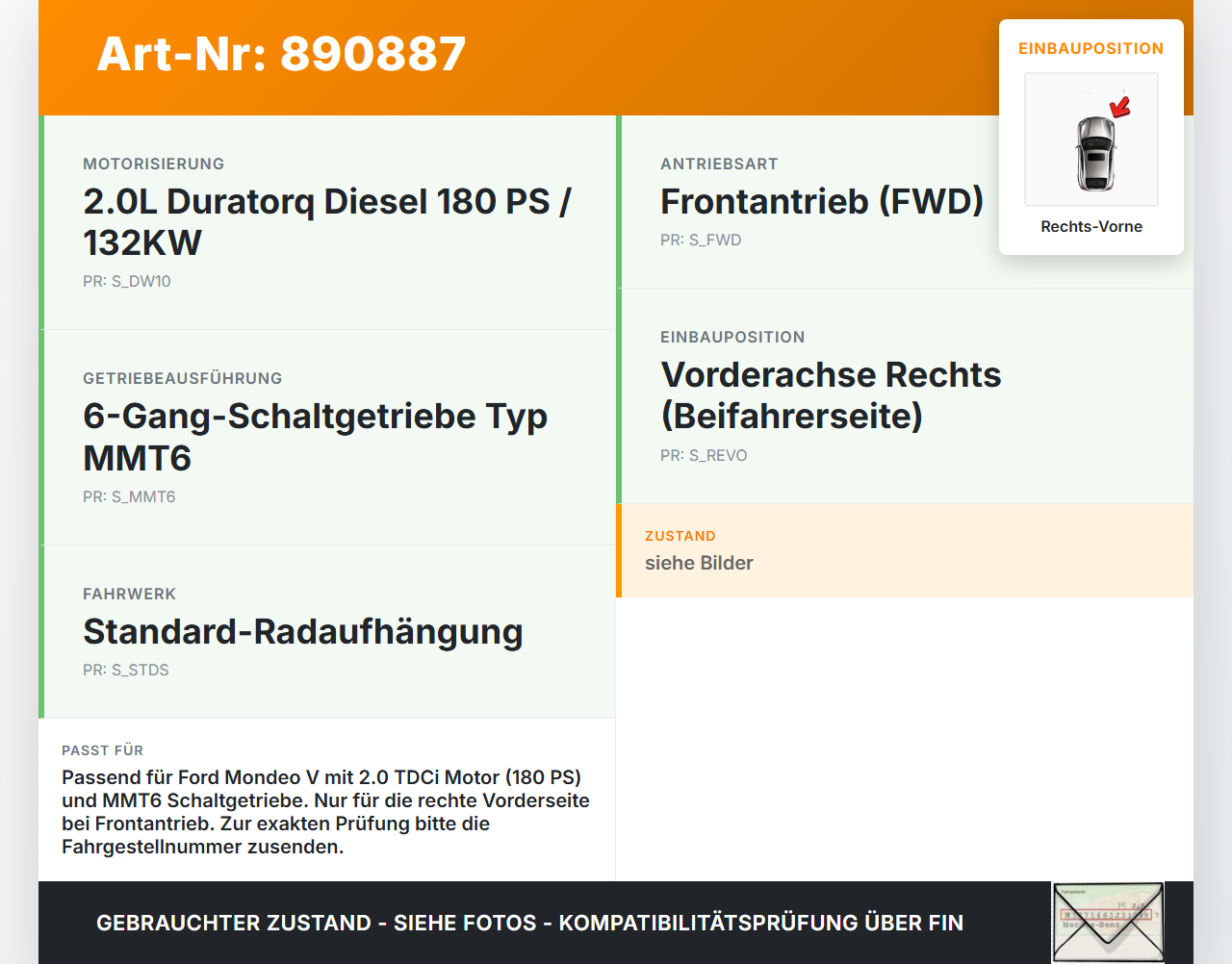 Ford Mondeo V BA7 CF 14-19 TDCi 2,0 132KW Antriebswelle Gelenkwelle Rechts Vorne Ford Mondeo V BA7 CF 14-19... Vorschau 3