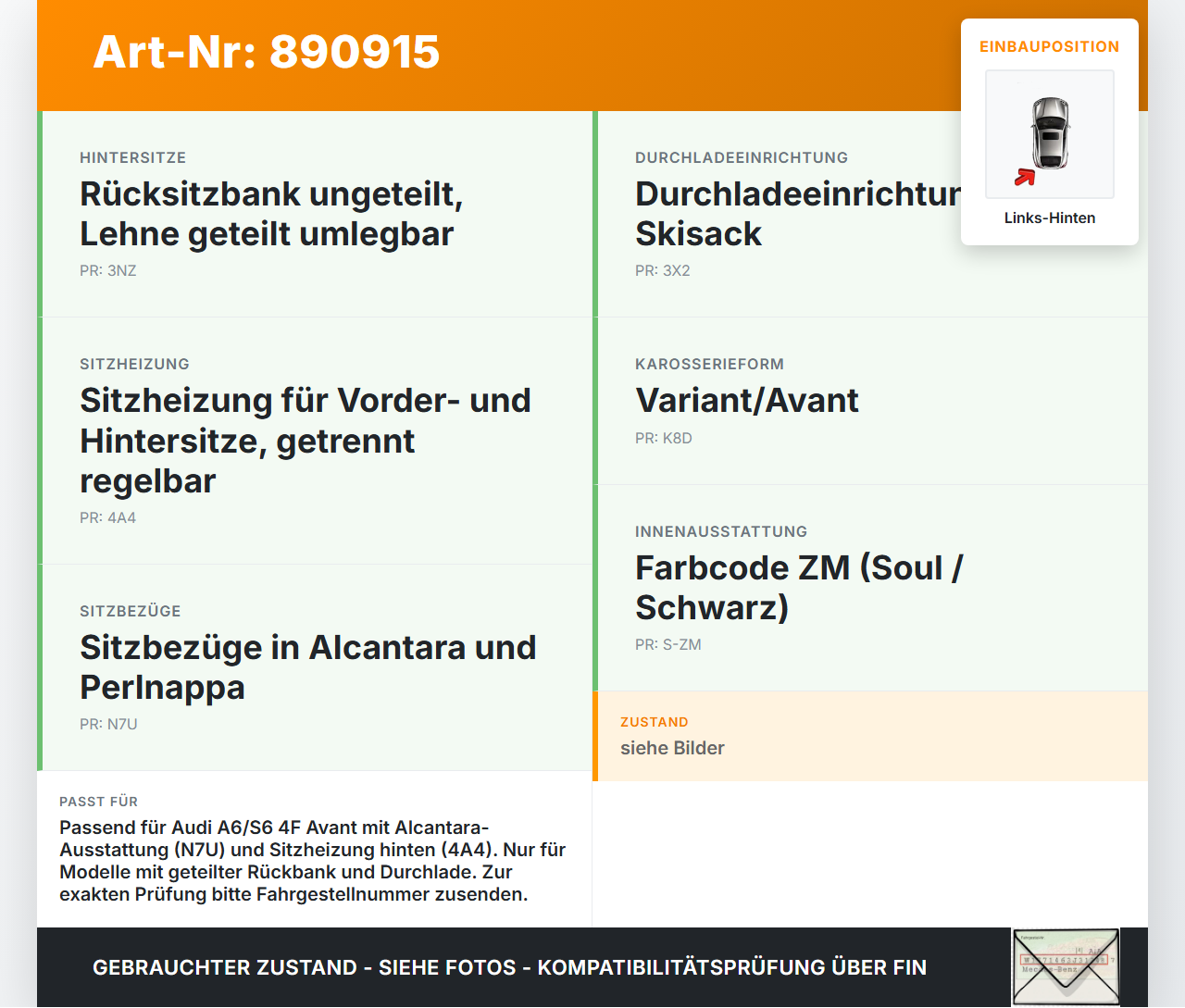 Audi A6 4F C6 04-08 Kombi Rückenpolster Links f. Rücksitzbank Hinten Teilleder Alcantara S6 Audi A6 4F C6 04-08... Vorschau 3