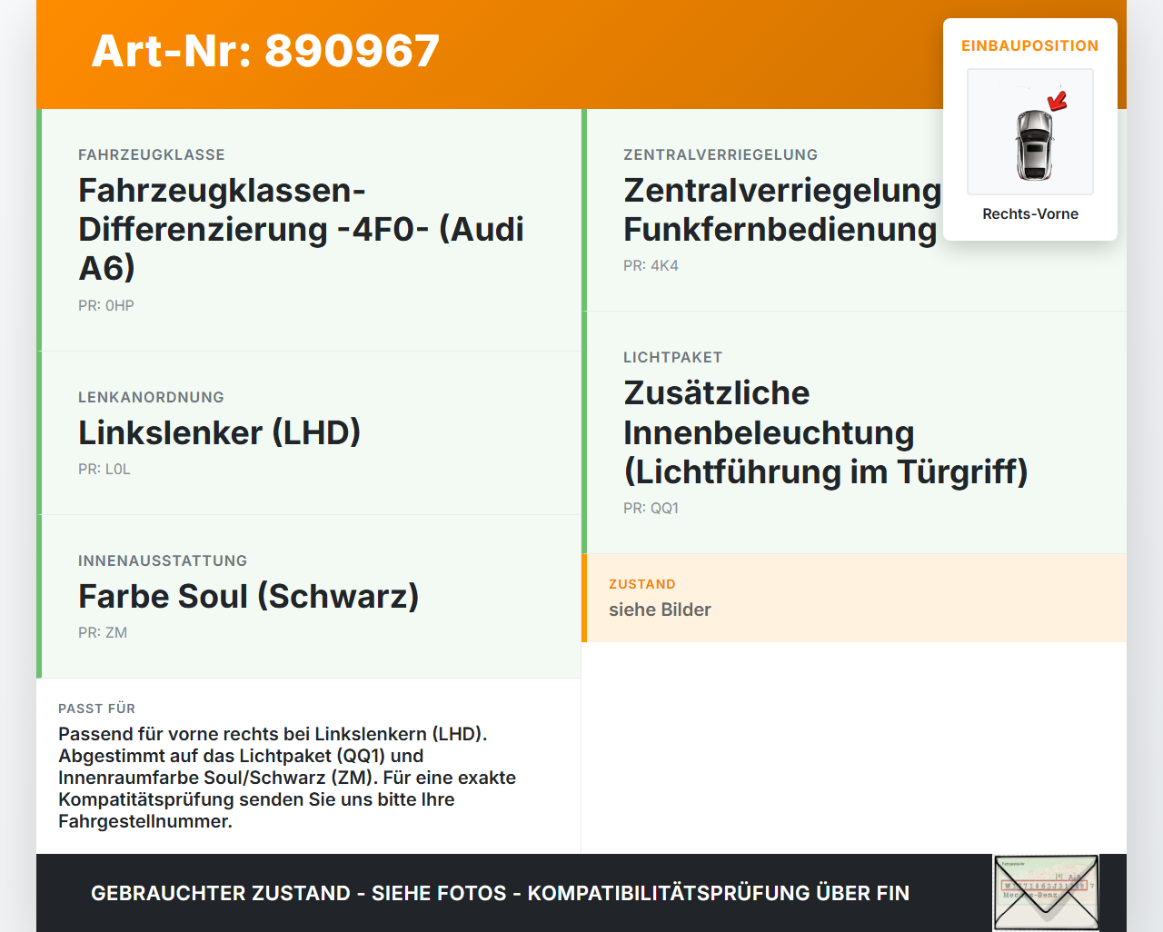 Audi A6 4F C6 04-08 Kombi Türgriff Griffmuschel Griff Innen Rechts Vorne Audi A6 4F C6 04-08 30.11.2006 4F0837020B... Vorschau 3