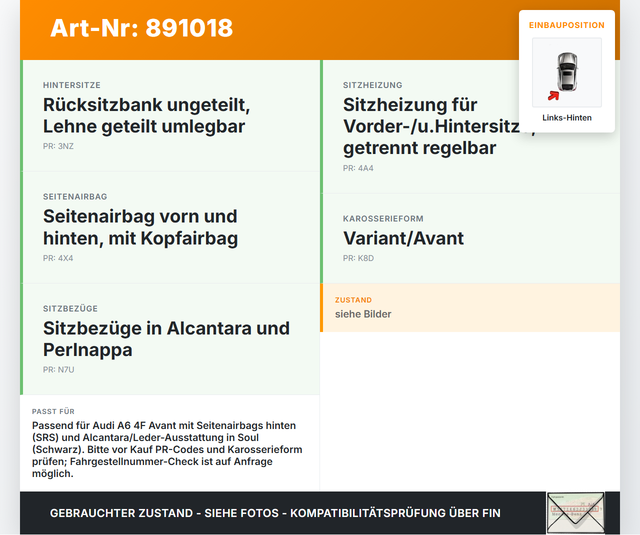 Audi A6 4F C6 04-08 Kombi Seitenpolster SRS Links für Rücksitzbank Hinten Audi A6 4F C6 04-08 30.11.2006 4F0885775B... Vorschau 3