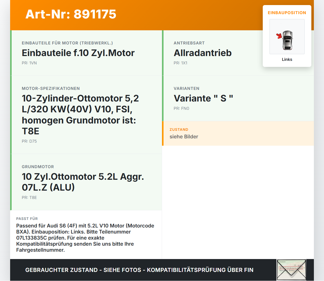 Audi A6 4F C6 04-08 5,2 320KW Luftfilterkasten Links Audi A6 4F C6 04-08 30.11.2006 07L133835K 07L133835C gebraucht Vorschau 3