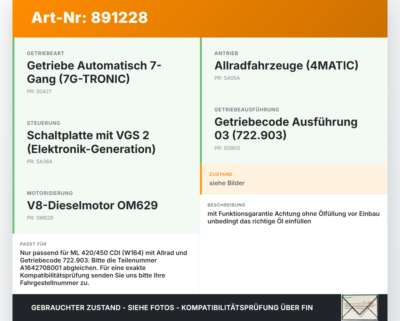 Mercedes W164 ML420 05-09 CDI 4,0 225KW 722903 Automatikgetriebe Getriebe ohne Wandler 7G Tronic 722903 Mercedes... Vorschau 3