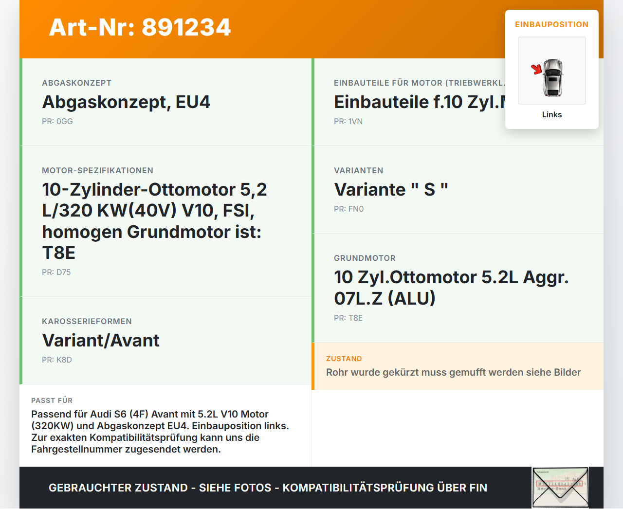 Audi A6 4F C6 04-08 5,2 320KW Endtopf Nachschalldämpfer Auspuff Links Audi A6 4F C6 04-08 30.11.2006 4F0253609Q... Vorschau 3
