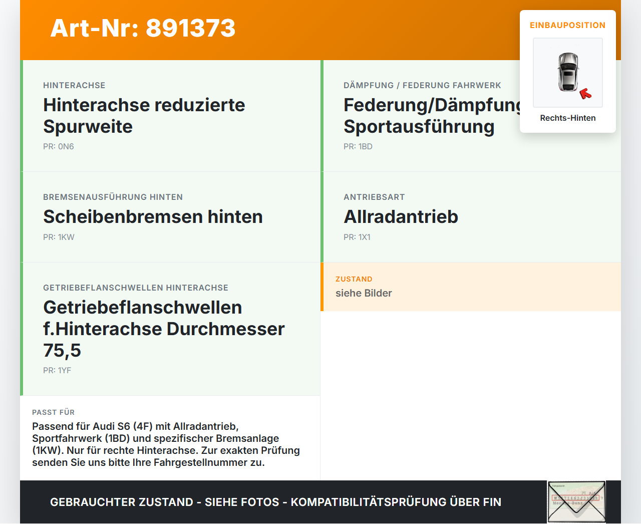Audi A6 4F C6 04-08 Kombi 5,2 320KW Achsschenkel Radnabe mit ABS Rechts Hinten Audi A6 4F C6 04-08 30.11.2006... Vorschau 3