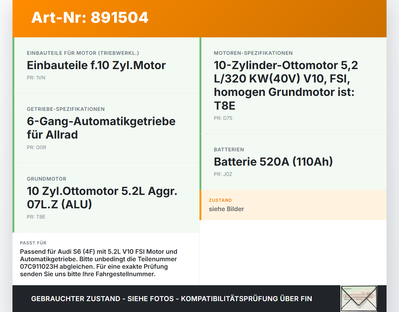 Audi A6 4F C6 04-08 5,2 320KW Autom Anlasser Starter Audi A6 4F C6 04-08 30.11.2006 07C911023H gebraucht Vorschau 3