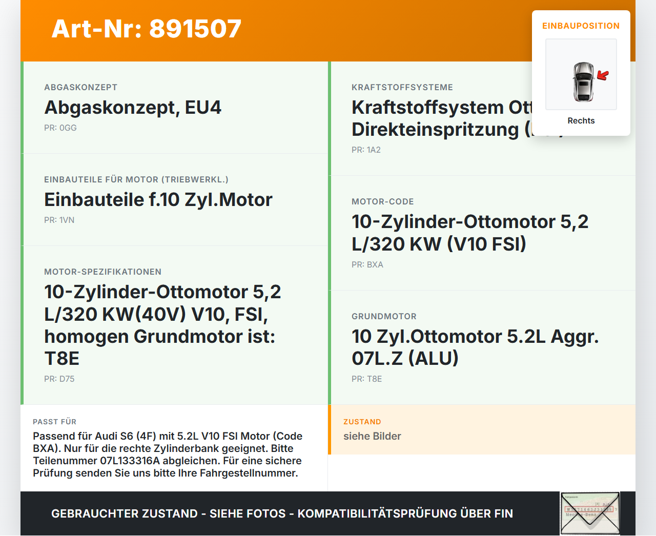Audi A6 4F C6 04-08 5,2 320KW Einspritzleiste Düsenstock Rechts Audi A6 4F C6 04-08 30.11.2006 07L133316A gebraucht Vorschau 3