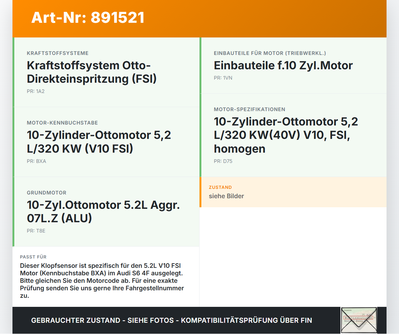 Audi A6 4F C6 04-08 Klopfsensor Sensor Audi A6 4F C6 04-08 30.11.2006 07L905377 gebraucht Vorschau 3