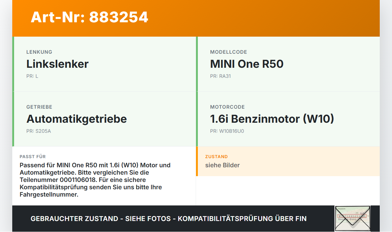 Mini One R50 01-06 1,6i 66KW Anlasser Starter Mini One R50 01-06 04.09.2002 12417570488 0001106018 gebraucht Vorschau 3
