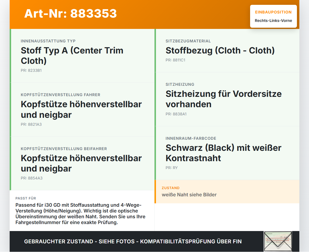 Hyundai I30 GD 11-15 Kopfstütze für Fahrer Sitz Rechts oder Links Vorne Hyundai I30 GD 11-15 09.07.2014 gebraucht Vorschau 3