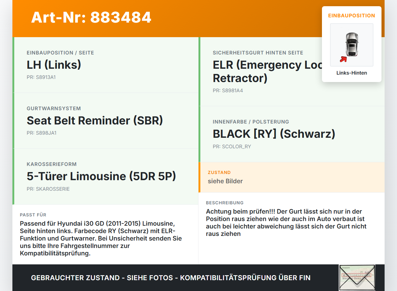 Hyundai I30 GD 11-15 Lim Gurt Sicherheitsgurt Links Hinten Hyundai I30 GD 11-15 09.07.2014 89830A6000RY... Vorschau 3