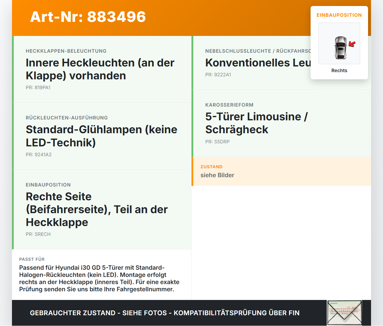Hyundai I30 GD 11-15 Lim Rückleuchte Heckleuchte für Klappe Rechts Hyundai I30 GD 11-15 09.07.2014 gebraucht Vorschau 3