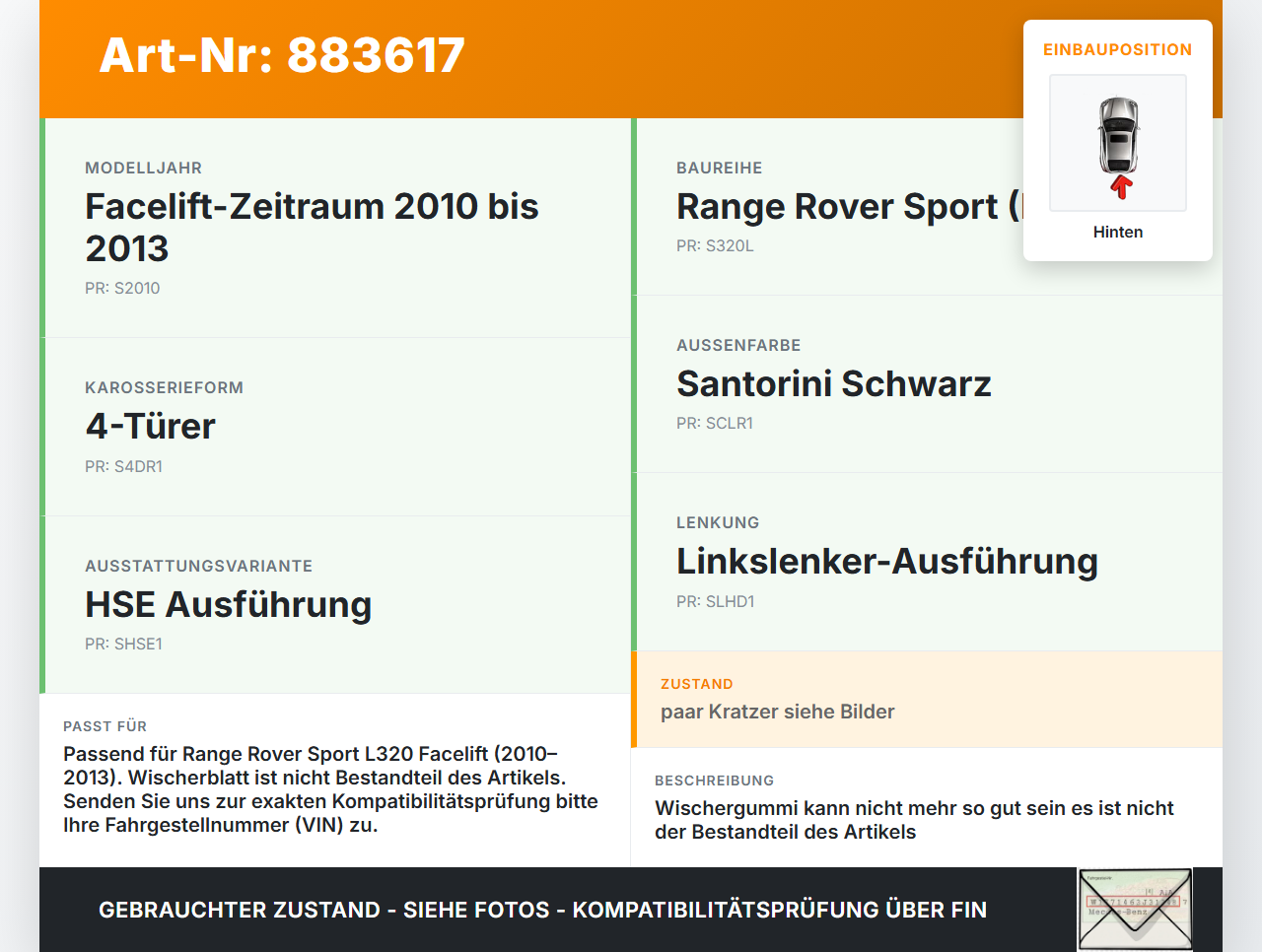 Range Rover Sport LS 10-13 Heckwischer Scheibenwischer Hinten Wischarm Range Rover Sport LS 10-13 21.10.2009 gebraucht Vorschau 3