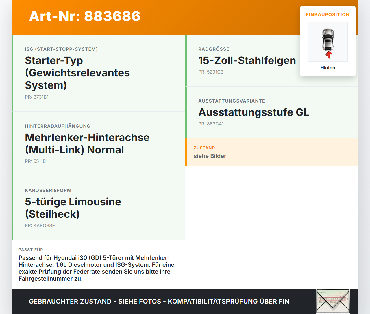 Hyundai I30 GD 11-15 Lim Beide Feder Federn Hinten Hyundai I30 GD 11-15 09.07.2014 55350A-6260 gebraucht Vorschau 3