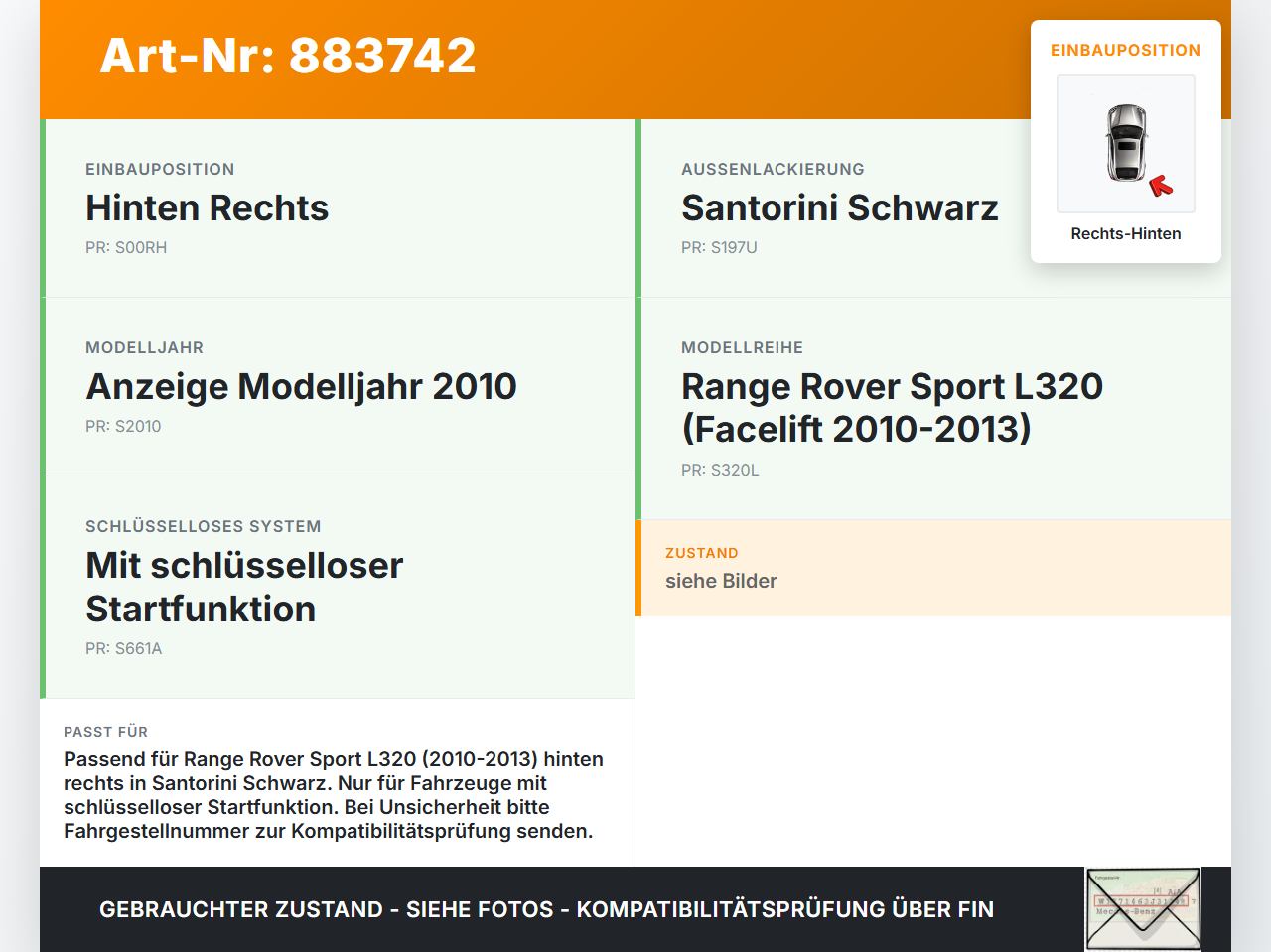 Range Rover Sport LS 10-13 Türgriff Griff aussen Rechts Hinten Range Rover Sport LS 10-13 21.10.2009 AH22-22601-AA... Vorschau 3