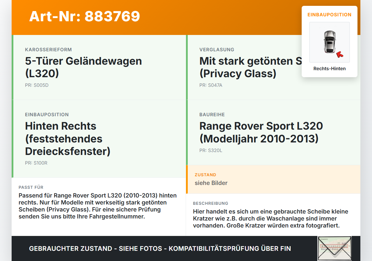 Range Rover Sport LS 10-13 Seitenscheibe Dreieck Scheibe Rechts Hinten Orig. getönt Range Rover Sport LS 10-13... Vorschau 3