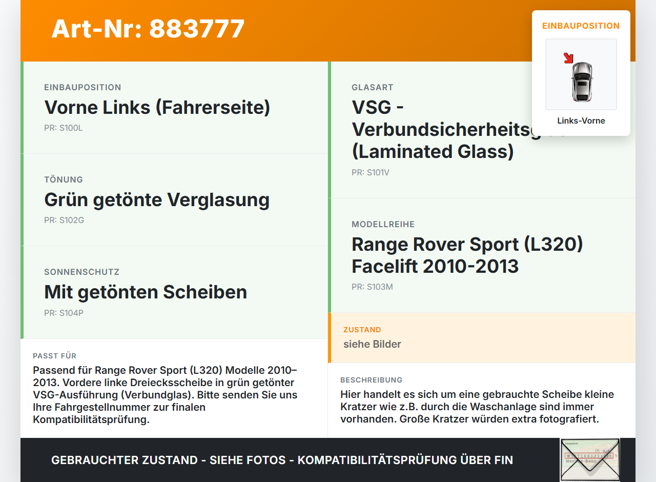 Range Rover Sport LS 10-13 Seitenscheibe Dreieck Scheibe Türscheibe Links Vorne VSG Range Rover Sport LS 10-13... Vorschau 3