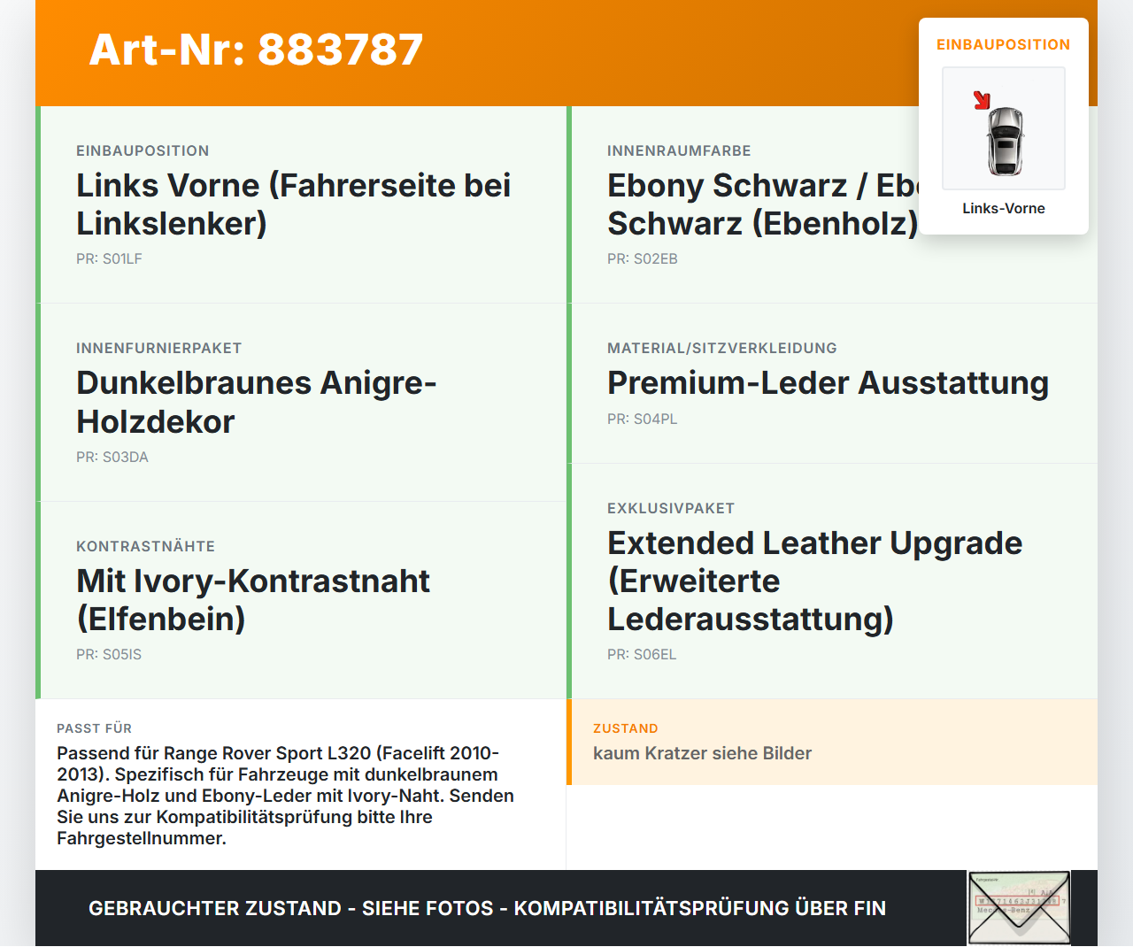 Range Rover Sport LS 10-13 Türleiste Links Vorne Innen Range Rover Sport LS 10-13 21.10.2009 AH32-26657-ADW gebraucht Vorschau 3