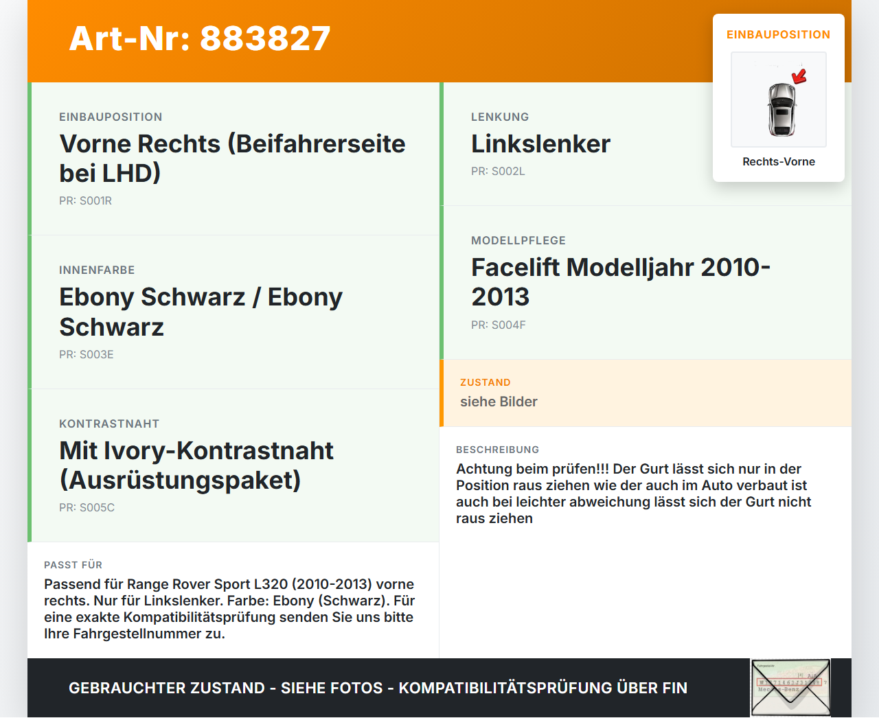 Range Rover Sport LS 10-13 Gurt Sicherheitsgurt Rechts Vorne Range Rover Sport LS 10-13 21.10.2009 601119000C gebraucht Vorschau 3
