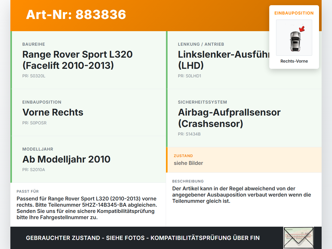 Range Rover Sport LS 10-13 Sensor für Airbag Crashsensor Airbagsensor Rechts Vorne Range Rover Sport LS 10-13... Vorschau 3