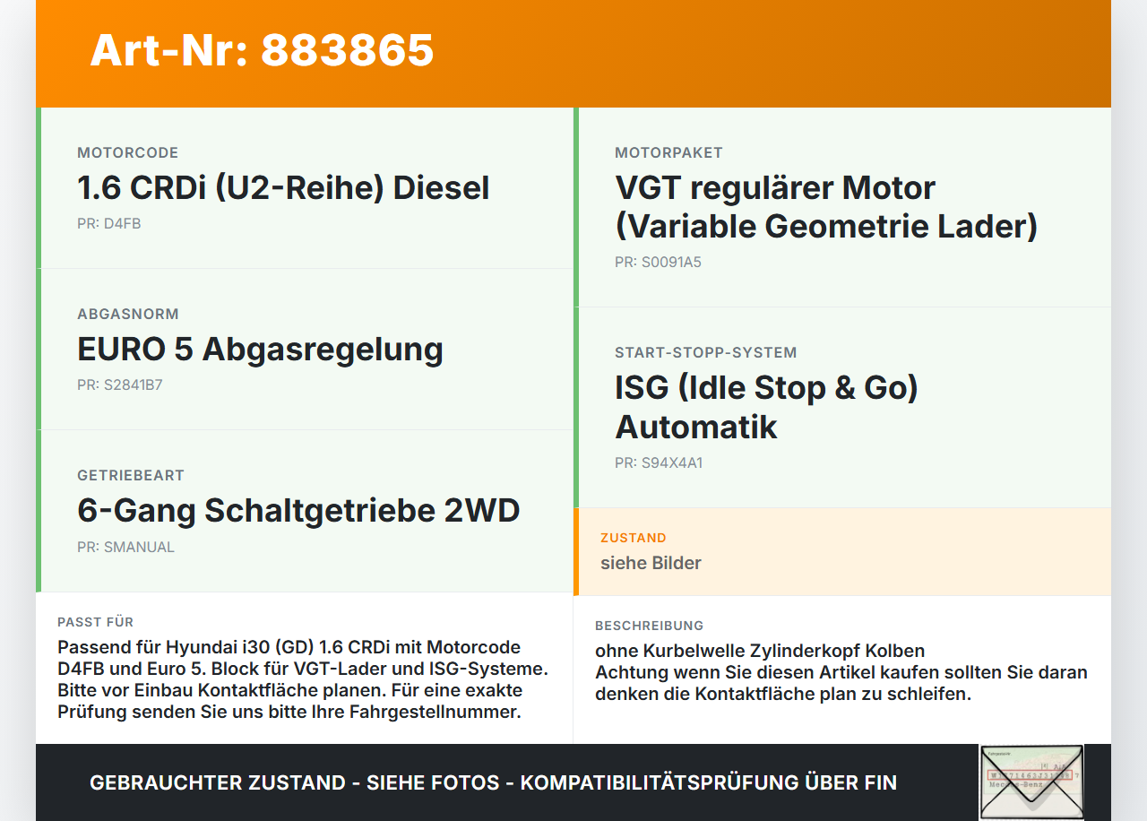 Hyundai I30 GD 11-15 CRDi 1,6 94KW D4FB R43E Motorblock für Motor Hyundai I30 GD 11-15 09.07.2014 Z46922AZ-00A gebraucht Vorschau 3