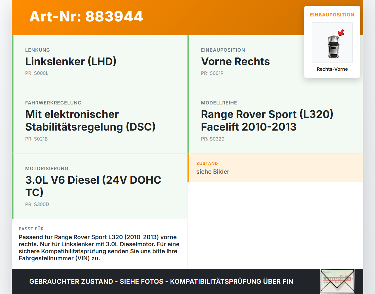 Range Rover Sport LS 10-13 Querlenker Rechts Vorne Range Rover Sport LS 10-13 21.10.2009 LR014619 gebraucht Vorschau 3