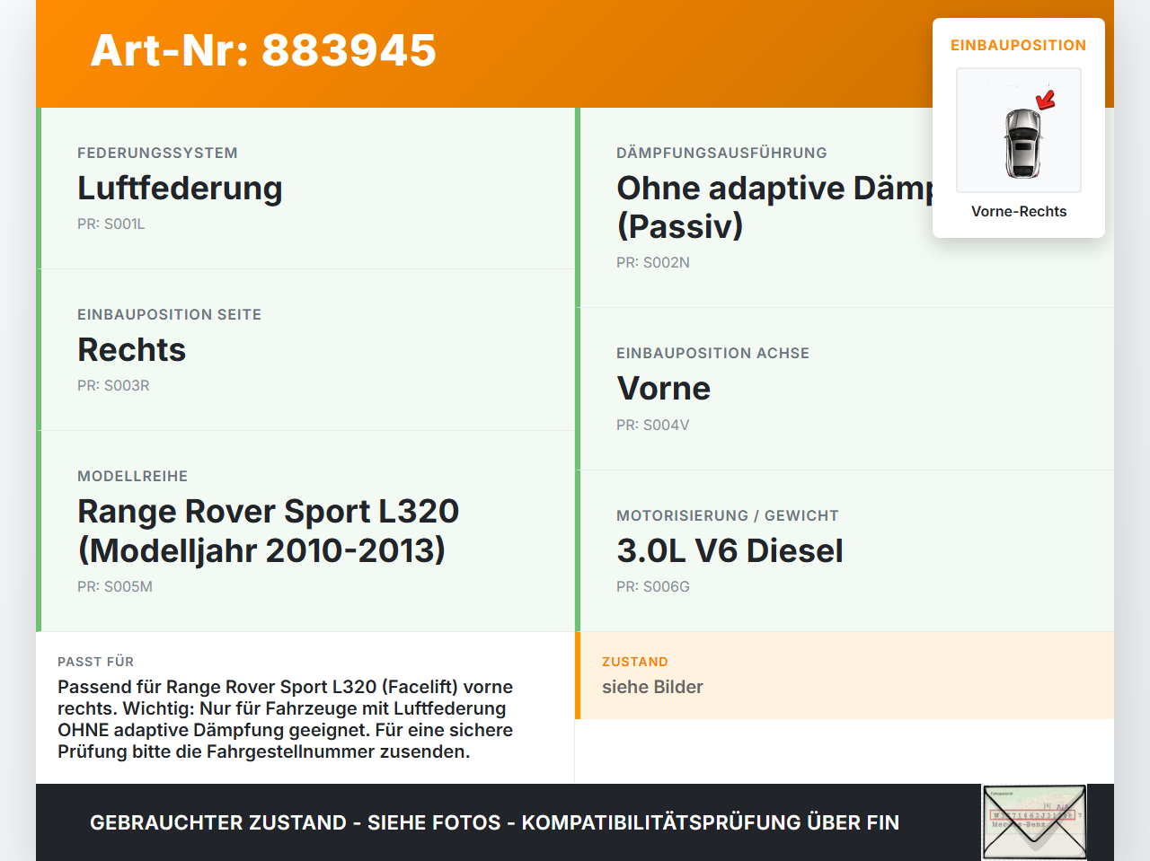 Range Rover Sport LS 10-13 Stossdämpfer Federbein Luftfahrwerk Vorne Rechts Range Rover Sport LS 10-13 21.10.2009... Vorschau 3