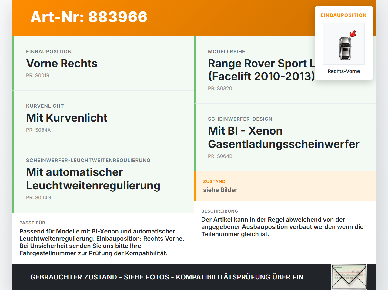 Range Rover Sport LS 10-13 Xenon LWR Sensor Neigung Rechts Vorne Range Rover Sport LS 10-13 21.10.2009 gebraucht Vorschau 3