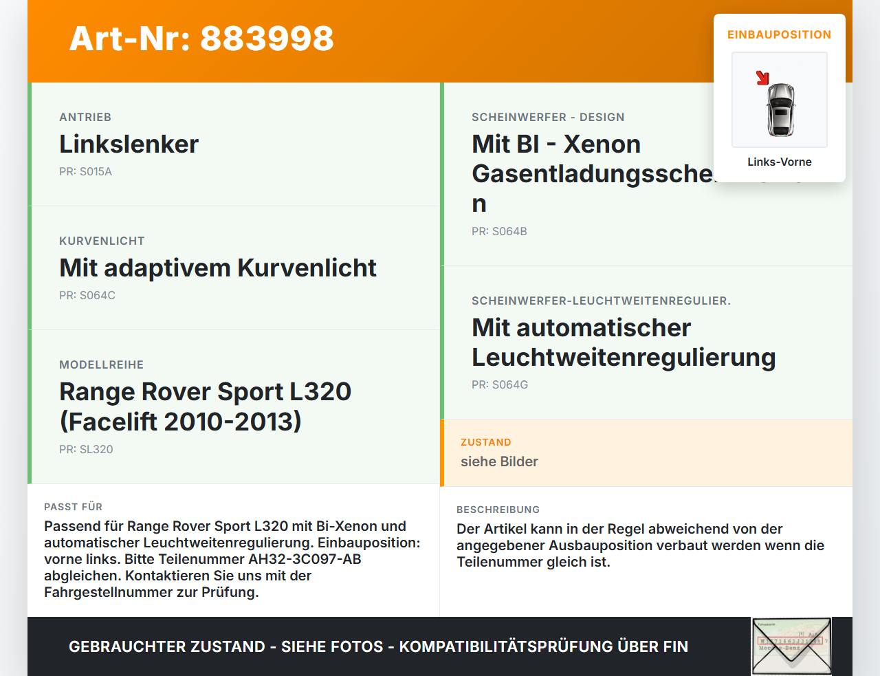 Range Rover Sport LS 10-13 Xenon LWR Sensor Neigung Links Vorne Range Rover Sport LS 10-13 21.10.2009 AH32-3C097-AB... Vorschau 3