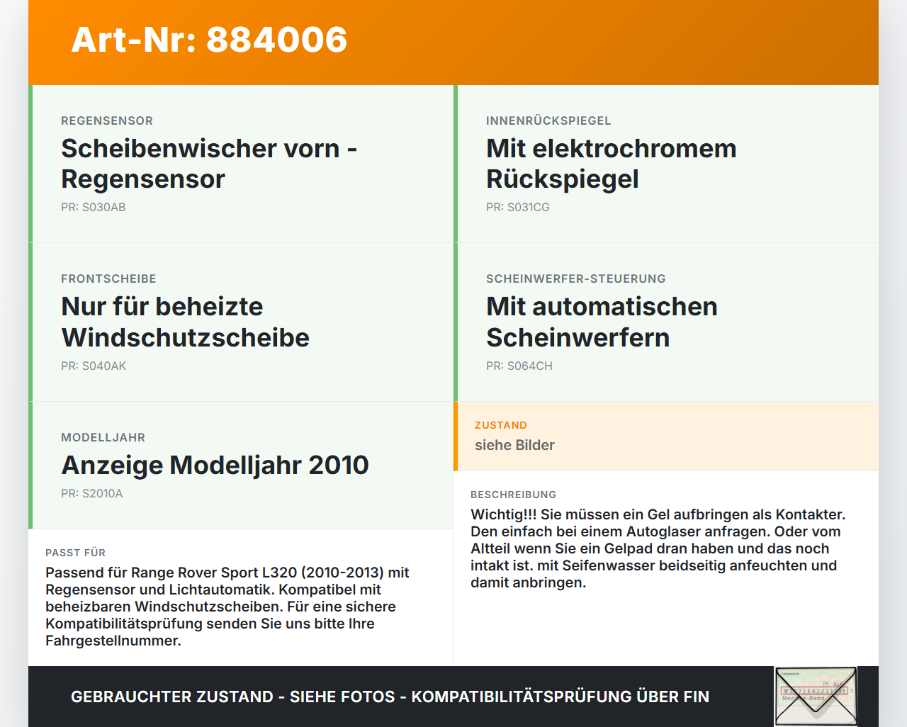 Range Rover Sport LS 10-13 Regensensor Range Rover Sport LS 10-13 21.10.2009 LR014238 8X23-17D547-AE 321286000 gebraucht Vorschau 3