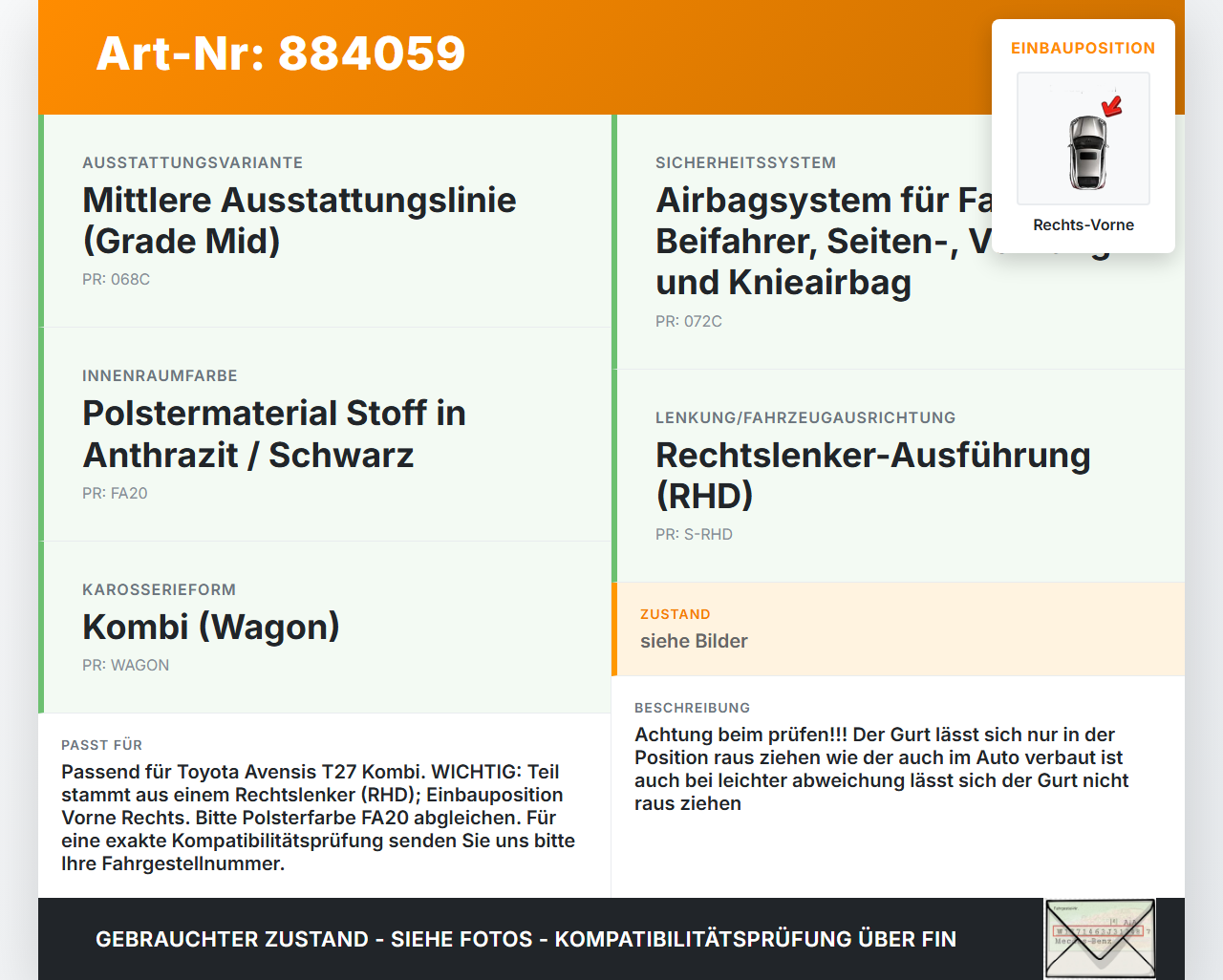 Toyota Avensis T27 08-11 Kombi Gurt Sicherheitsgurt Gurtstraffer Beifahrer Rechts Vorne Toyota Avensis T27 08-11... Vorschau 3