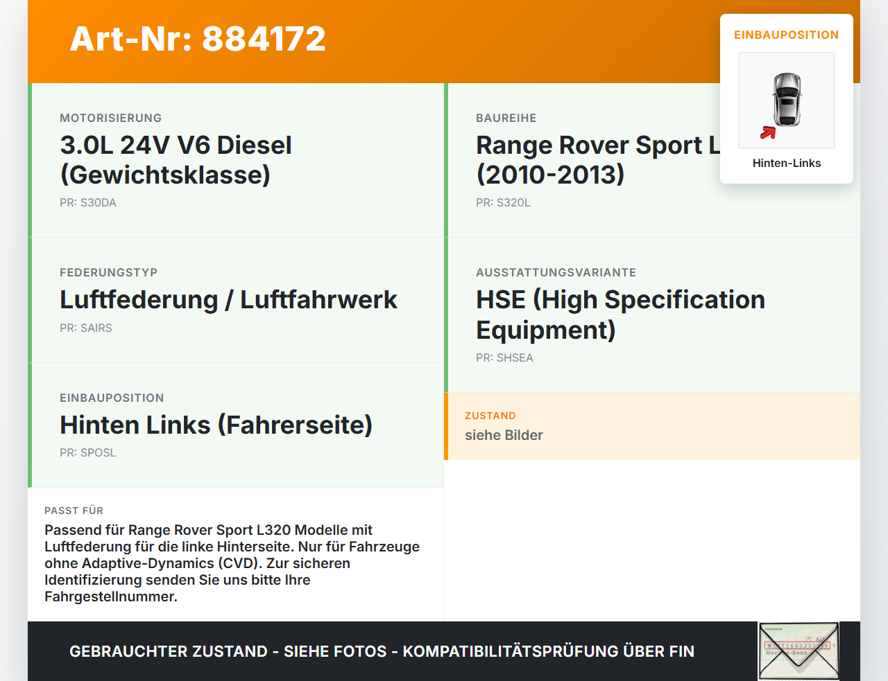 Range Rover Sport LS 10-13 Stossdämpfer Federbein Luftfahrwerk Hinten Links Range Rover Sport LS 10-13 21.10.2009... Vorschau 3