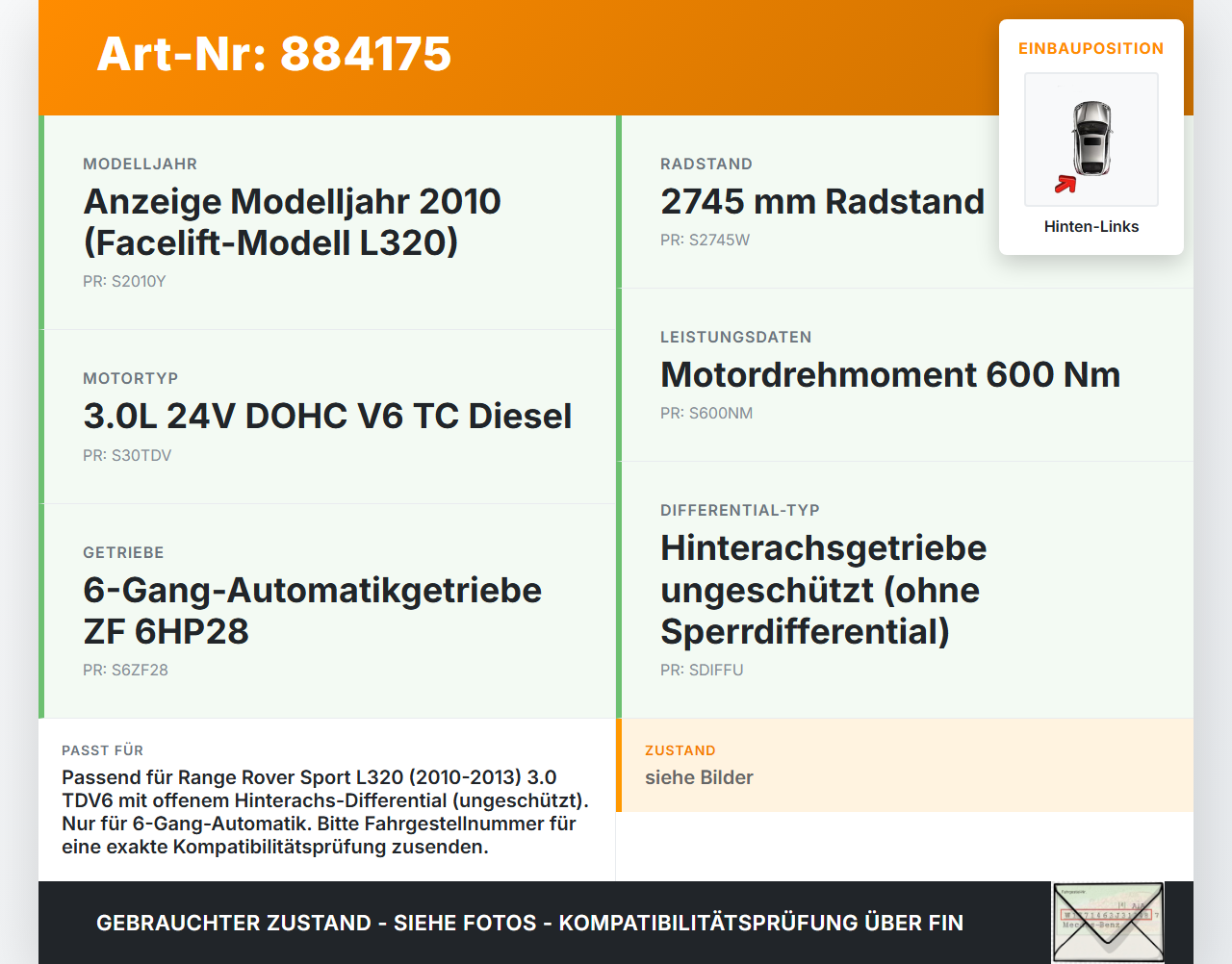 Range Rover Sport LS 10-13  TdV6 3,0 180KW Antriebswelle Gelenkwelle Hinten Links Range Rover Sport LS 10-13... Vorschau 3