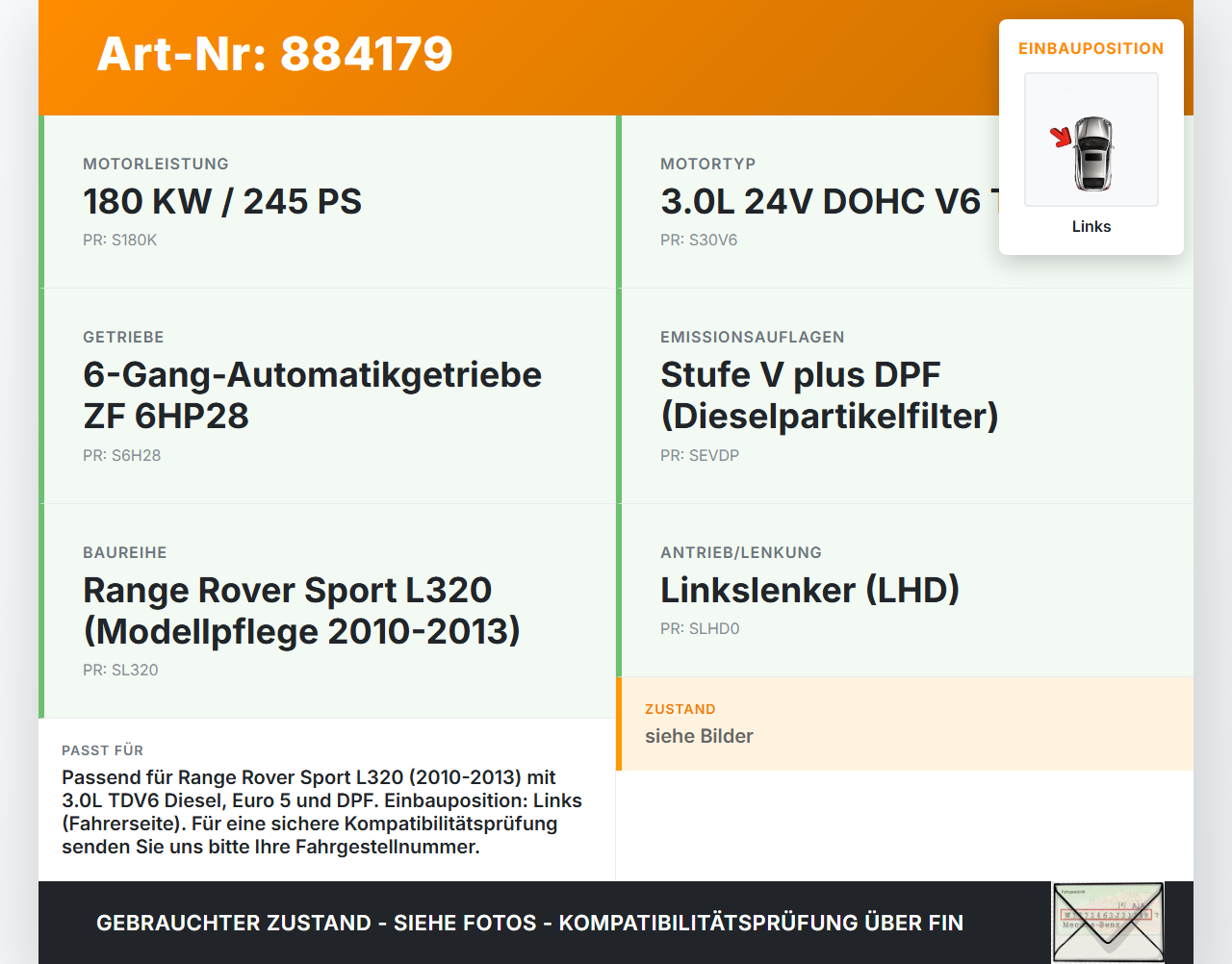 Range Rover Sport LS 10-13 TdV6 3,0 180KW Katalysator Kat Flexrohr Links Range Rover Sport LS 10-13 21.10.2009... Vorschau 3