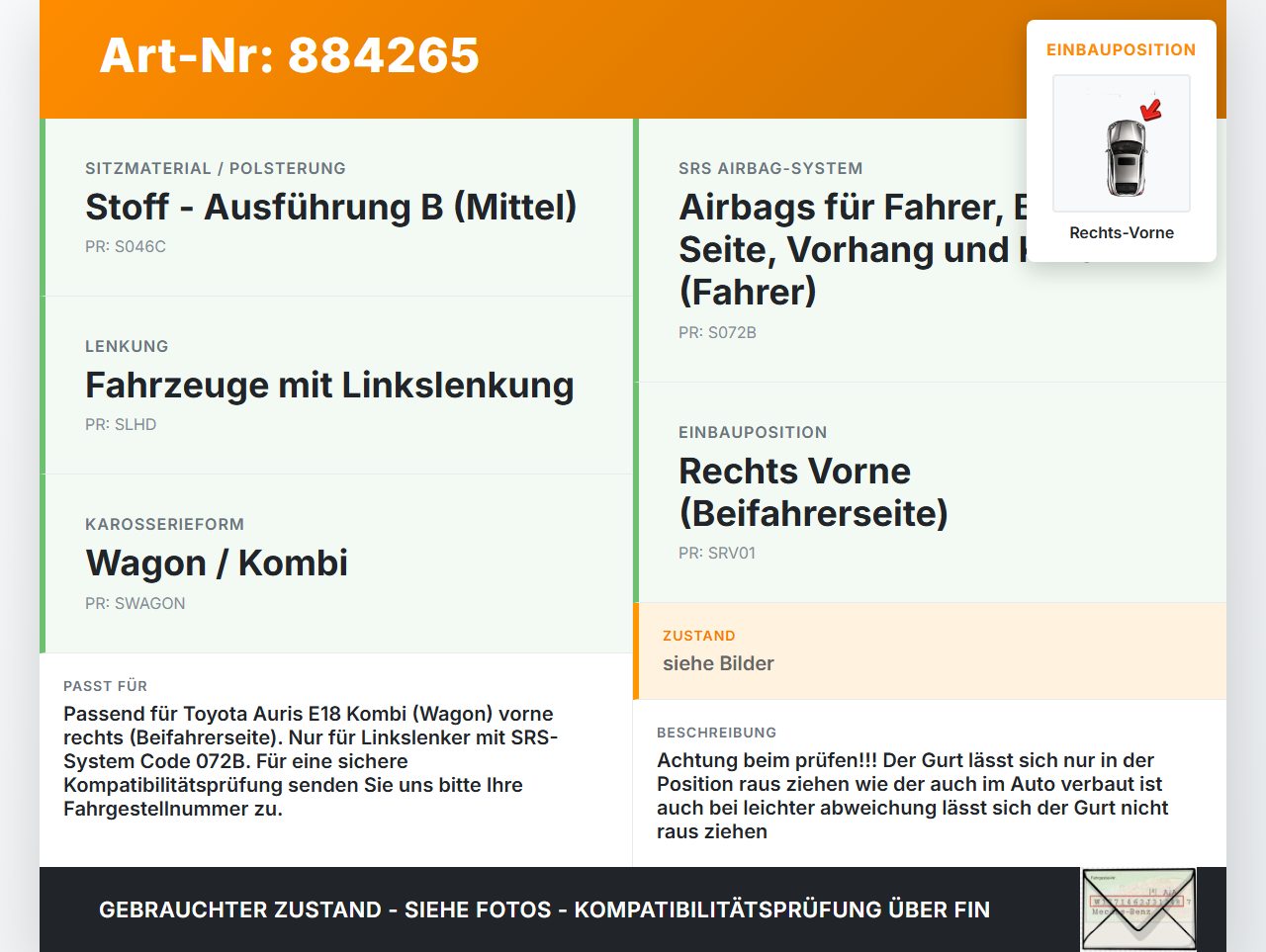 Toyota Auris E18 15-18 Kombi Gurt Sicherheitsgurt Gurtstraffer Rechts Vorne Toyota Auris E18 15-18 01.06.2015... Vorschau 3