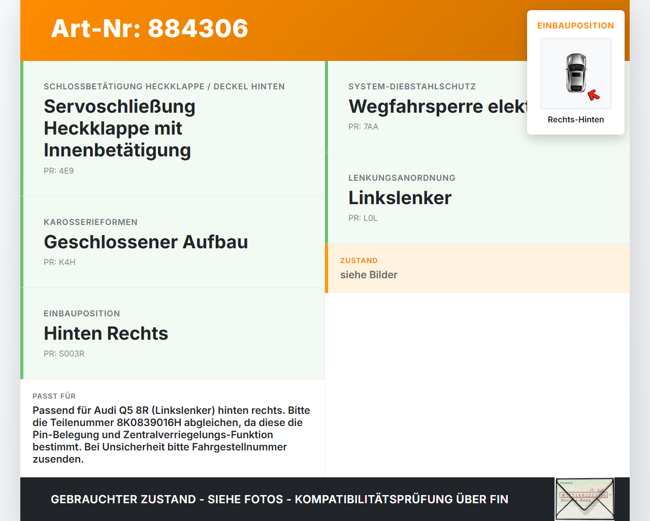 Audi Q5 8R 12-17 Türschloss m. ZV Stellmotor Rechts Hinten Audi Q5 8R 12-17 26.10.2016 8K0839016H gebraucht Vorschau 3
