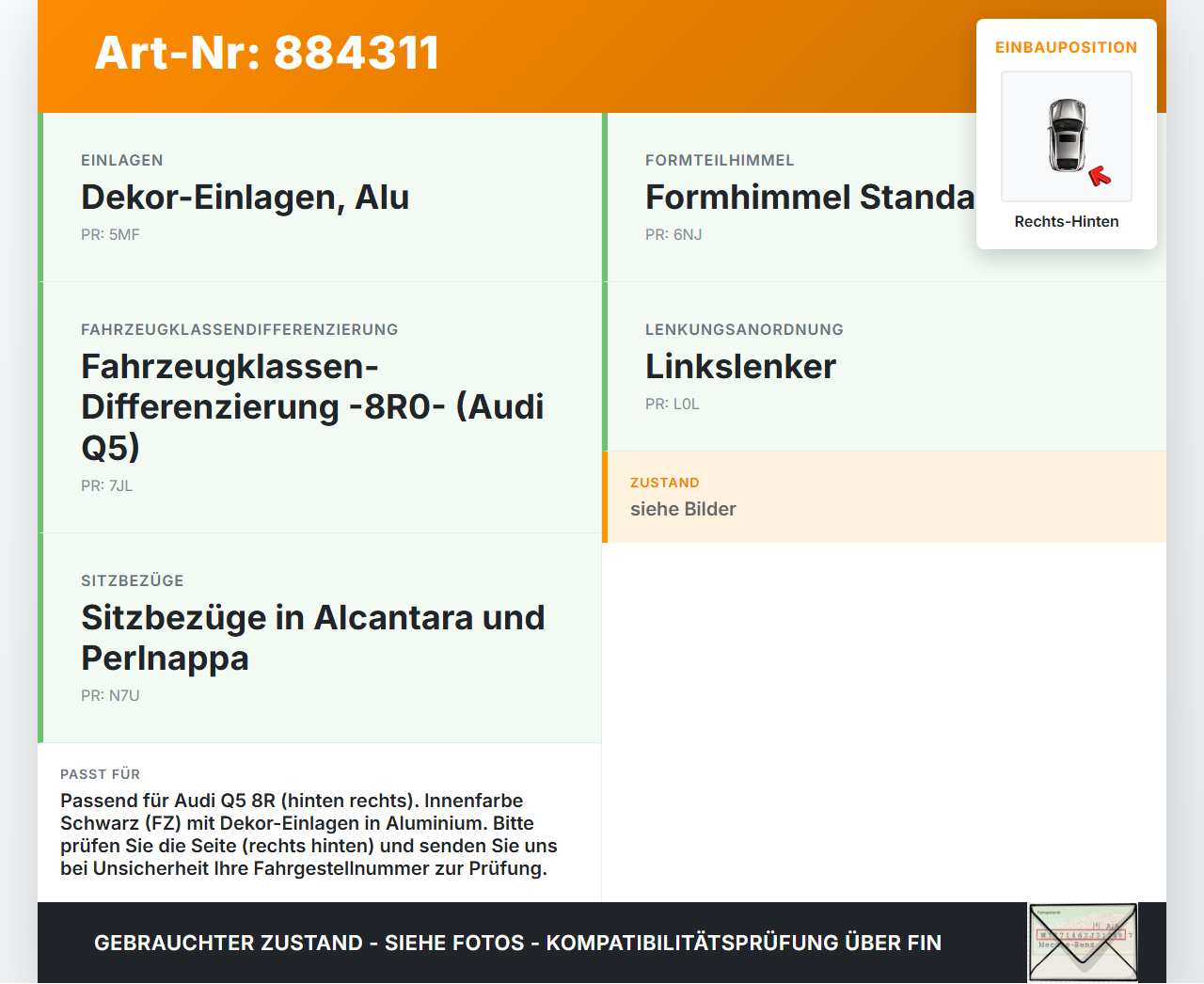 Audi Q5 8R 12-17 Handgriff Haltegriff Rechts Hinten für Türverkleidung Audi Q5 8R 12-17 26.10.2016 8R0867372 gebraucht Vorschau 3