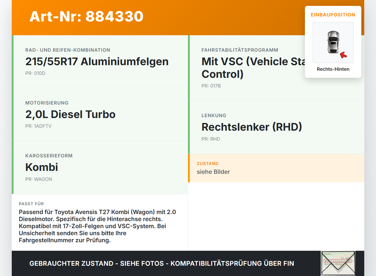 Toyota Avensis T27 08-11 Kombi 2,0 93KW Achsschenkel Radnabe Rechts Hinten Toyota Avensis T27 08-11 24.04.2009... Vorschau 3