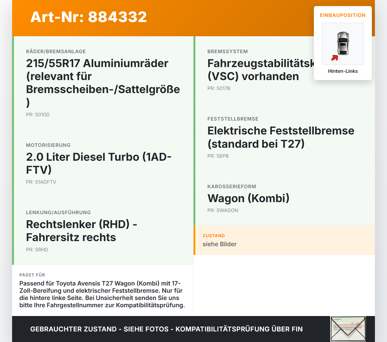 Toyota Avensis T27 08-11 2,0 93KW Bremssattel Bremszange Hinten Links Toyota Avensis T27 08-11 24.04.2009 gebraucht Vorschau 3