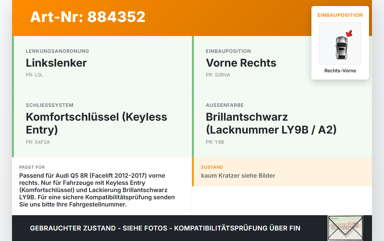 Audi Q5 8R 12-17 Türgriff Griff aussen Rechts Vorne Keyless Entry LY9B Audi Q5 8R 12-17 26.10.2016 8R0837208 gebraucht Vorschau 3