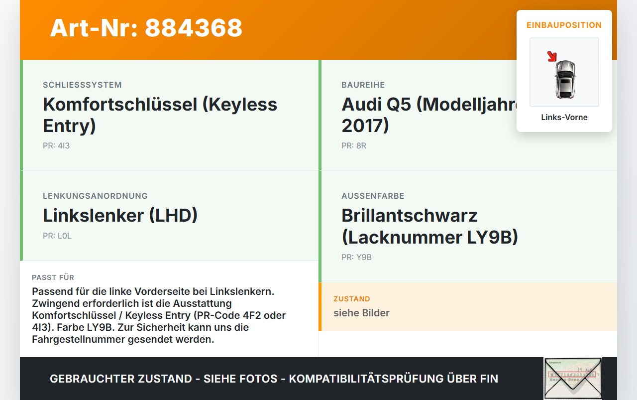 Audi Q5 8R 12-17 Türgriff Griff aussen Links Vorne Keyless Entry LY9B Audi Q5 8R 12-17 26.10.2016 8R0837207 gebraucht Vorschau 3