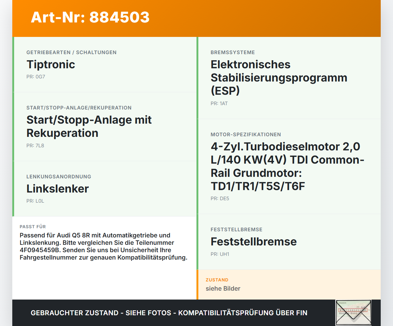 Audi Q5 8R 12-17 TDI 2,0 140KW Bremslichtschalter Audi Q5 8R 12-17 26.10.2016 4F0945459B gebraucht Vorschau 3