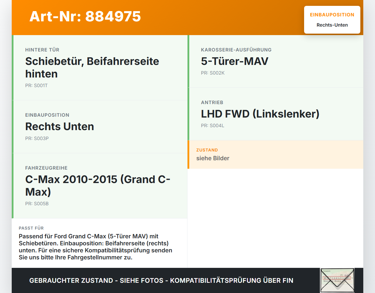 Ford C-Max II 10-15 Grand Führungsrolle für Schiebetür Rechts Unten Ford C-Max II 10-15 20.08.2015 gebraucht Vorschau 3