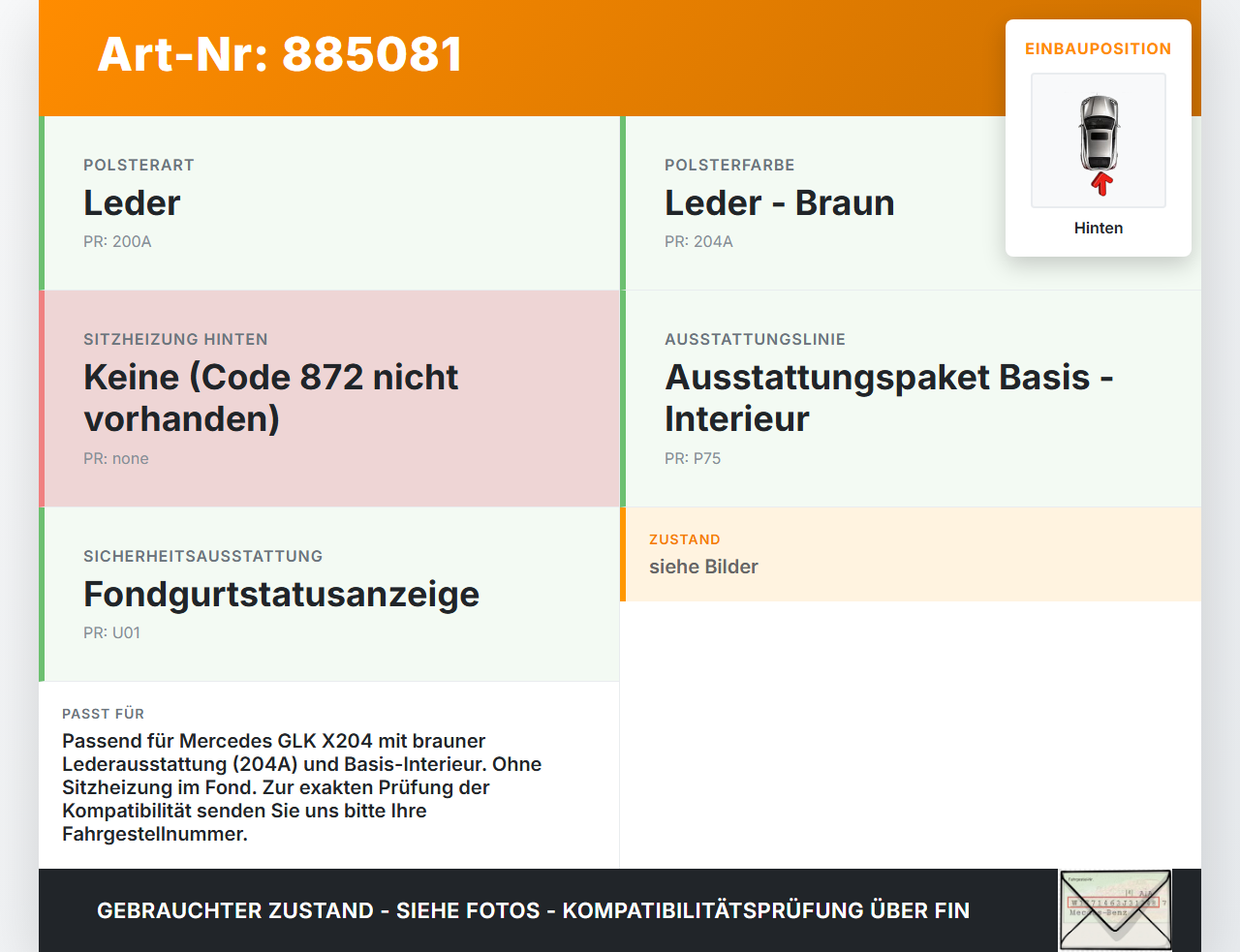 Mercedes GLK X204 320 09-12 Sitzpolster für Rücksitzbank Hinten Leder Braun 204A Mercedes GLK X204 320 09-12... Vorschau 3