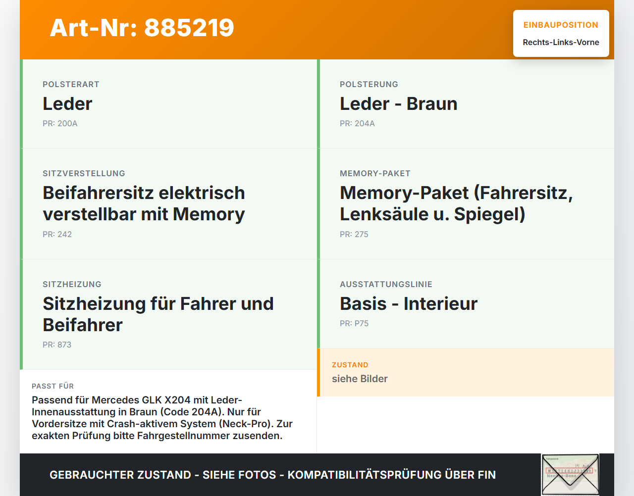 Mercedes GLK X204 320 09-12 Leder Kopfstütze für Fahrer Sitz Rechts oder Links Vorne Crash Aktiv Mercedes GLK X204... Vorschau 3