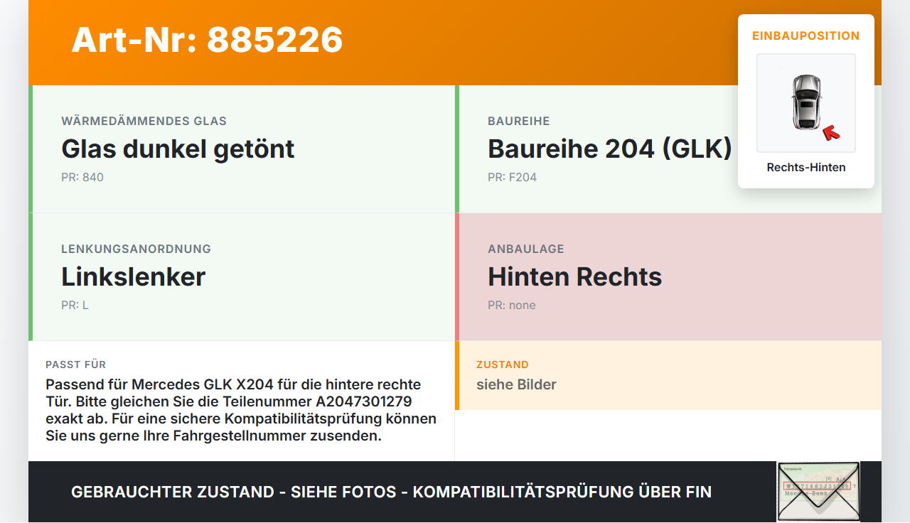 Mercedes GLK X204 320 09-12 Fensterhebermotor Rechts Hinten Mercedes GLK X204 320 09-12 04.06.2009 A2047301279 gebraucht Vorschau 3